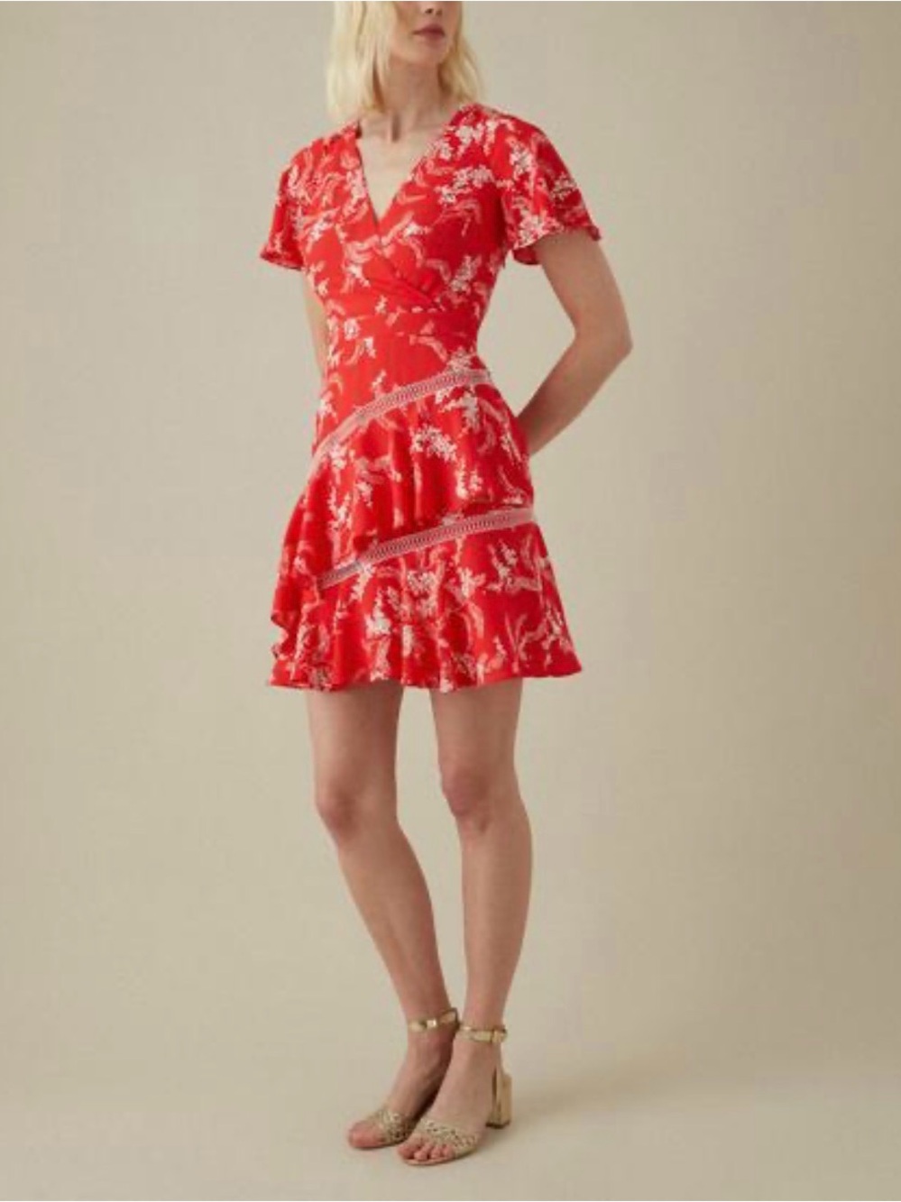 Karen Millen Tiered Hem Red Floral Mini Dress with Lace Insets 2 “As Seen on TV”